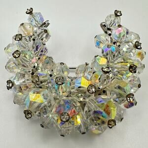Vintage silver tone AB aurora borealis glass beaded crescent moon brooch
